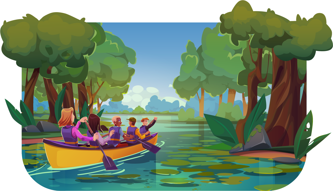 Graphic of a Banjaxed Salesforce services team canoeing down a wooded river