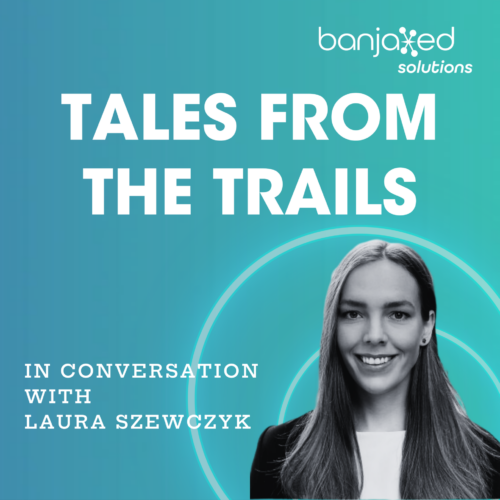 Spotify cover image reading "Tales from the Trails" and "In Conversation with Laura Szewczyk" for the episode about pet transport on Salesforce.
